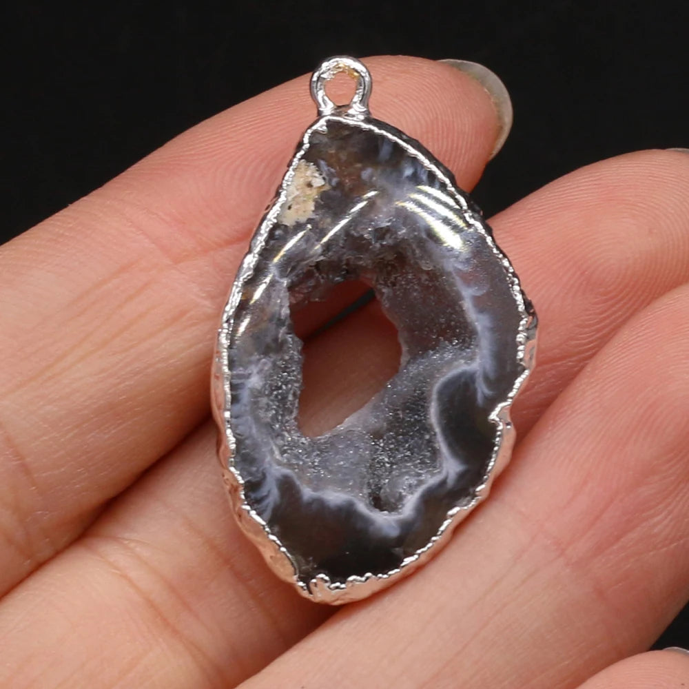 Natural Irregular Black Druzy Agate Silver-Plated Pendant