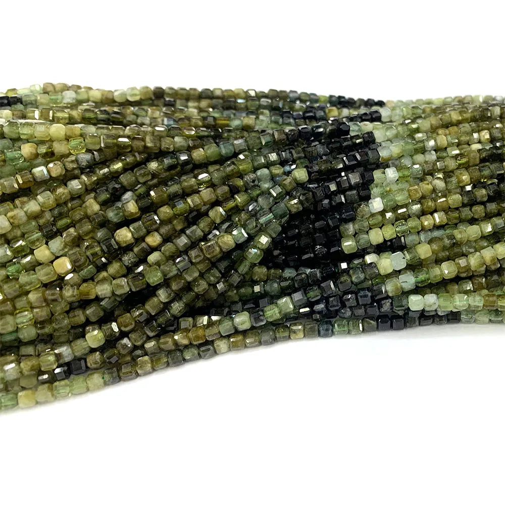 Natural Green Tourmaline Gradient Cube Faceted Small Bead Strand