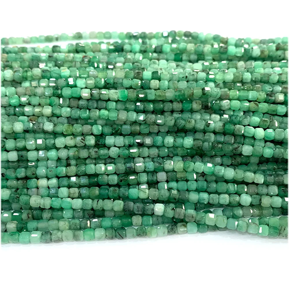 HQ Natural Faceted Emerald Cube Bead Strand