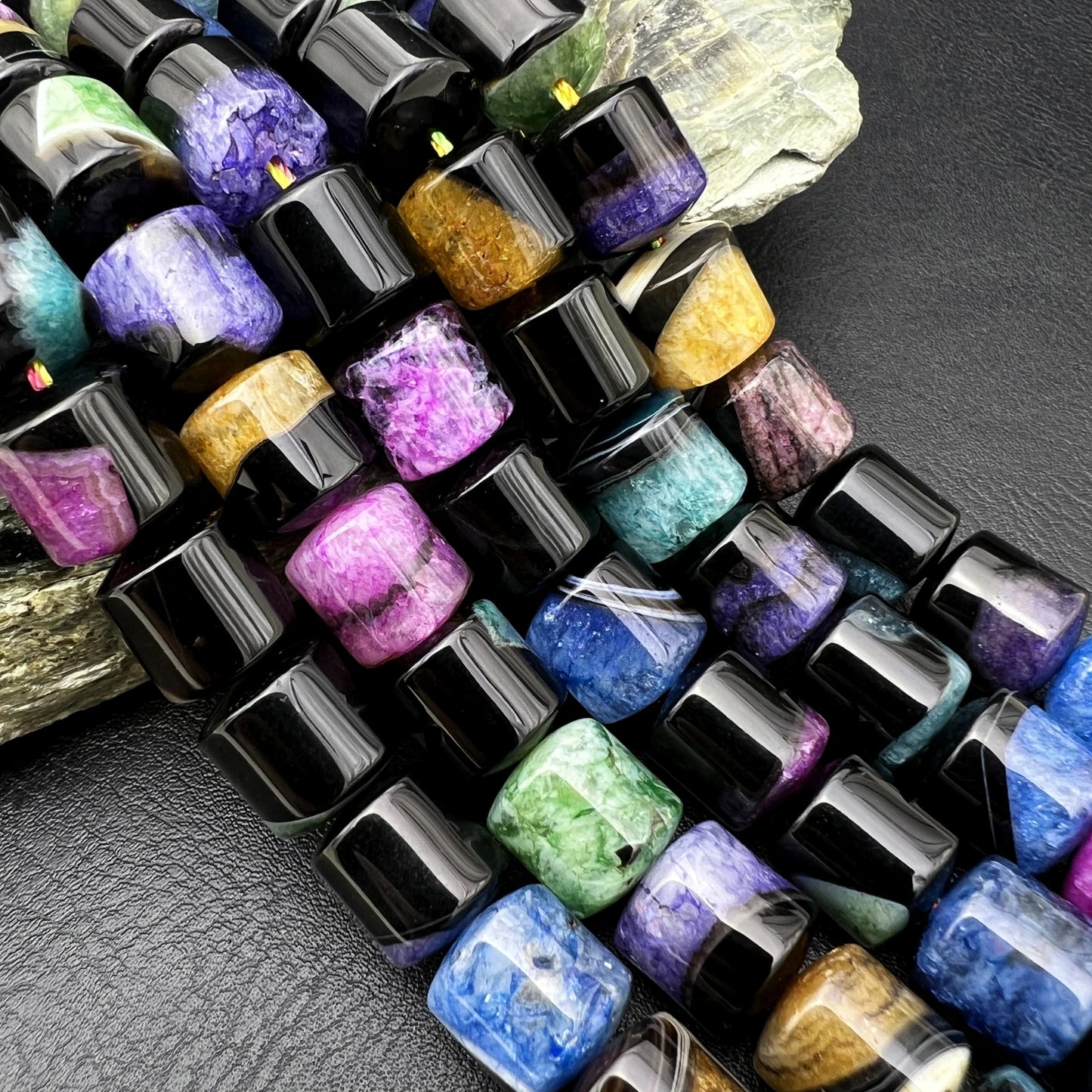 Natural Black and White Tuxedo Agate Barrel Bead Strand