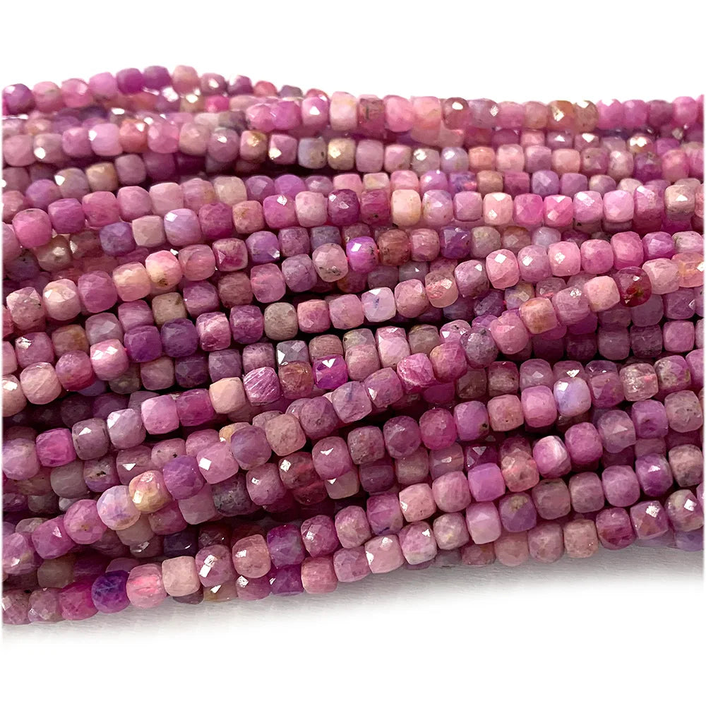 Natural Pink Ruby Faceted Cube Bead Strand