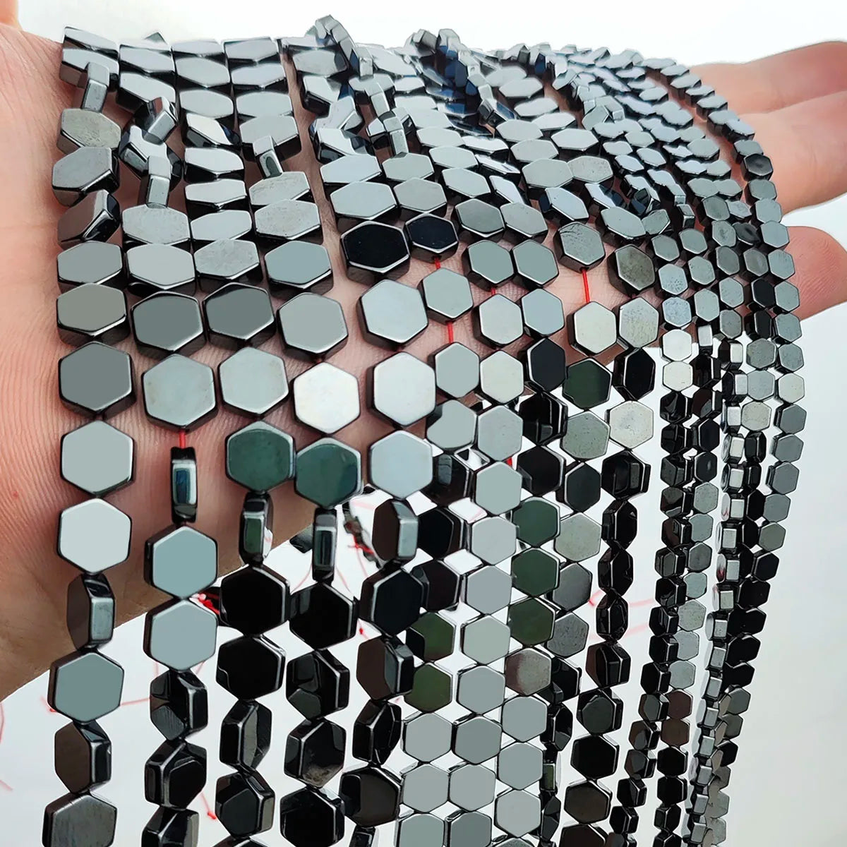 Hexagon Natural Black Hematite Bead Strand