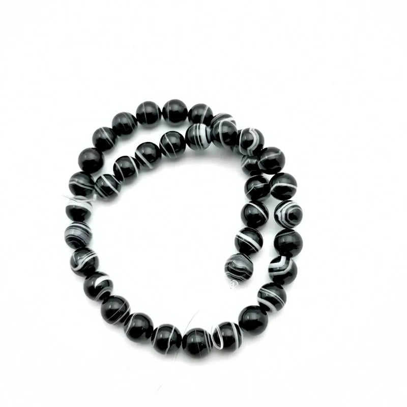 Natural HQ Black Stripe Onyx Agate Bead Strand