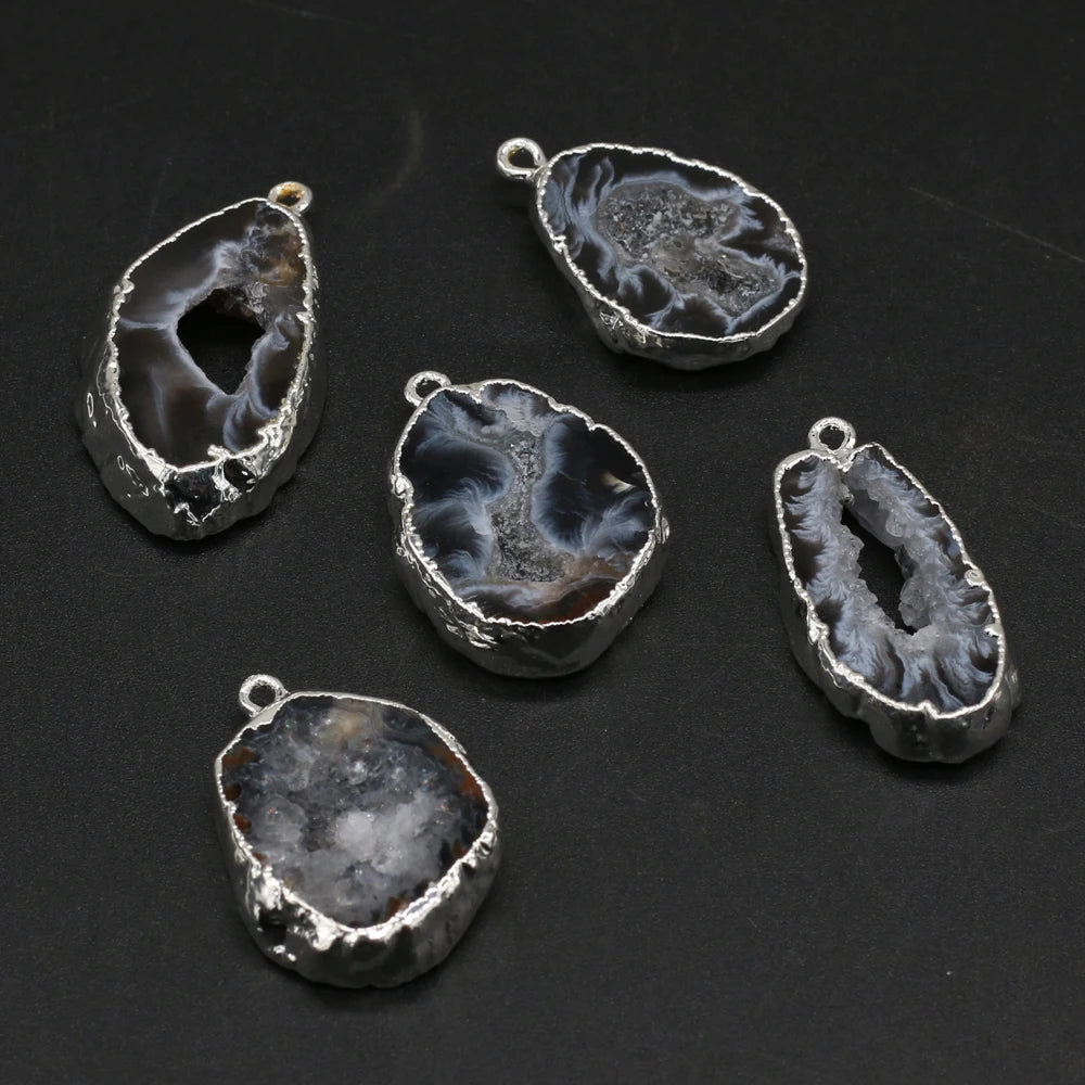 Natural Irregular Black Druzy Agate Silver-Plated Pendant