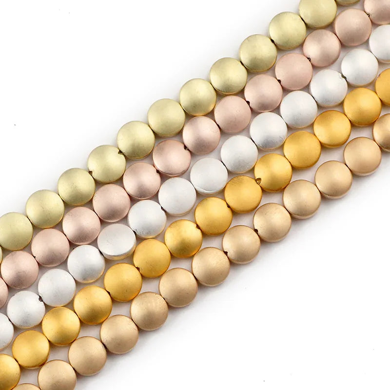 Flat Hematite Matte Gold Plated Coin Bead Strand