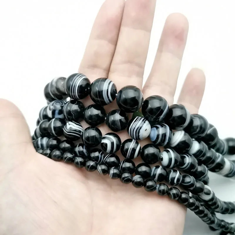 Natural HQ Black Stripe Onyx Agate Bead Strand