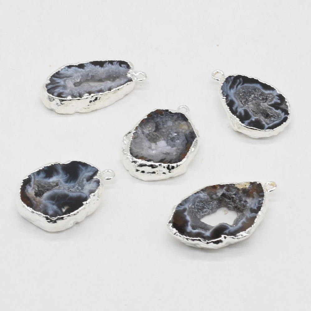 Natural Irregular Black Druzy Agate Silver-Plated Pendant