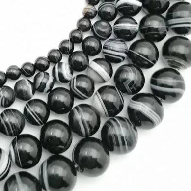 Natural HQ Black Stripe Onyx Agate Bead Strand
