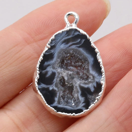 Natural Irregular Black Druzy Agate Silver-Plated Pendant