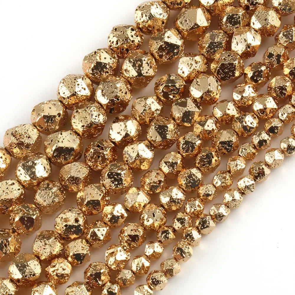 Gold Plated Faceted Volcanic Rock Hematite Bead Strand (6/8/10/12mm)