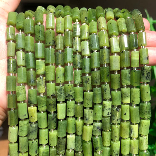 Natural Canadian Green Jade Cylinder Bead Strand