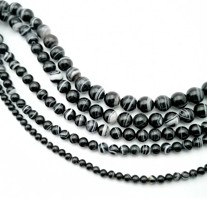 Natural HQ Black Stripe Onyx Agate Bead Strand