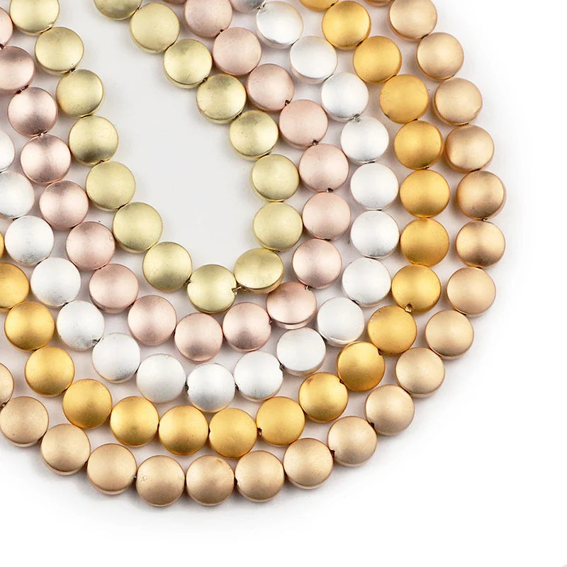 Flat Hematite Matte Gold Plated Coin Bead Strand