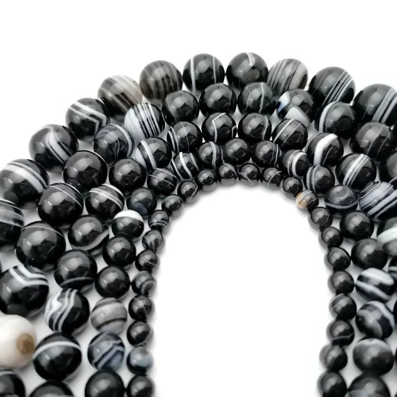 Natural HQ Black Stripe Onyx Agate Bead Strand