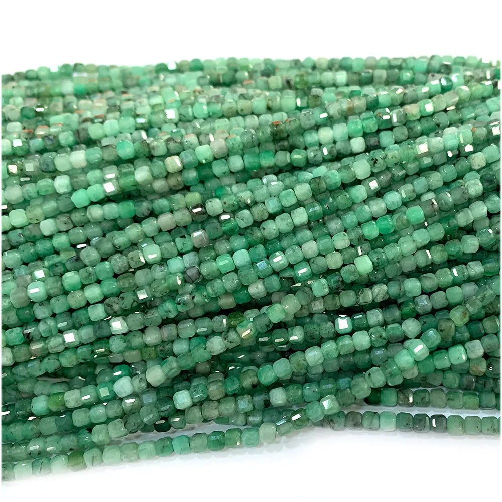 HQ Natural Faceted Emerald Cube Bead Strand