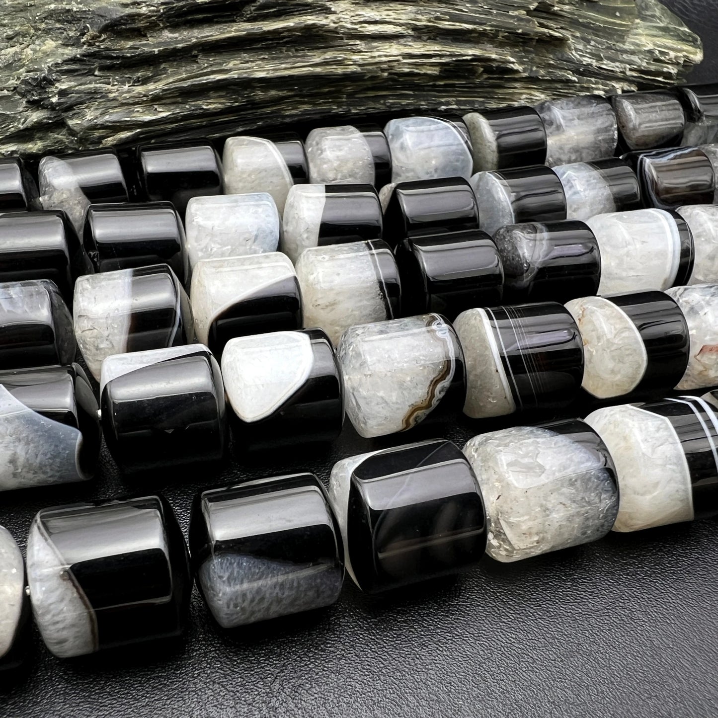 Natural Black and White Tuxedo Agate Barrel Bead Strand