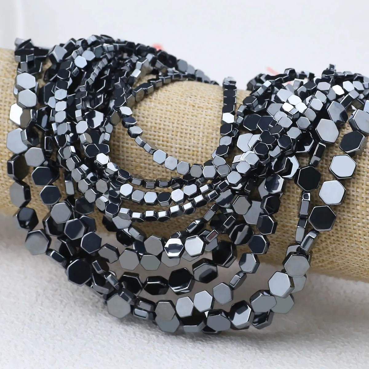 Hexagon Natural Black Hematite Bead Strand