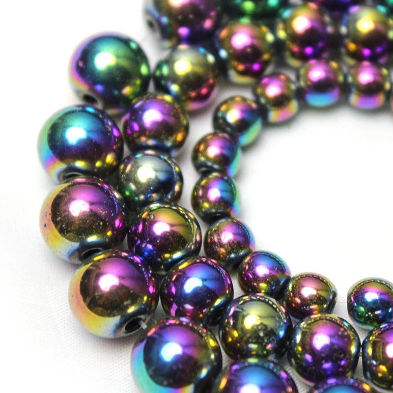 Multicolor Aura Hematite Magnetic Round Bead Strand