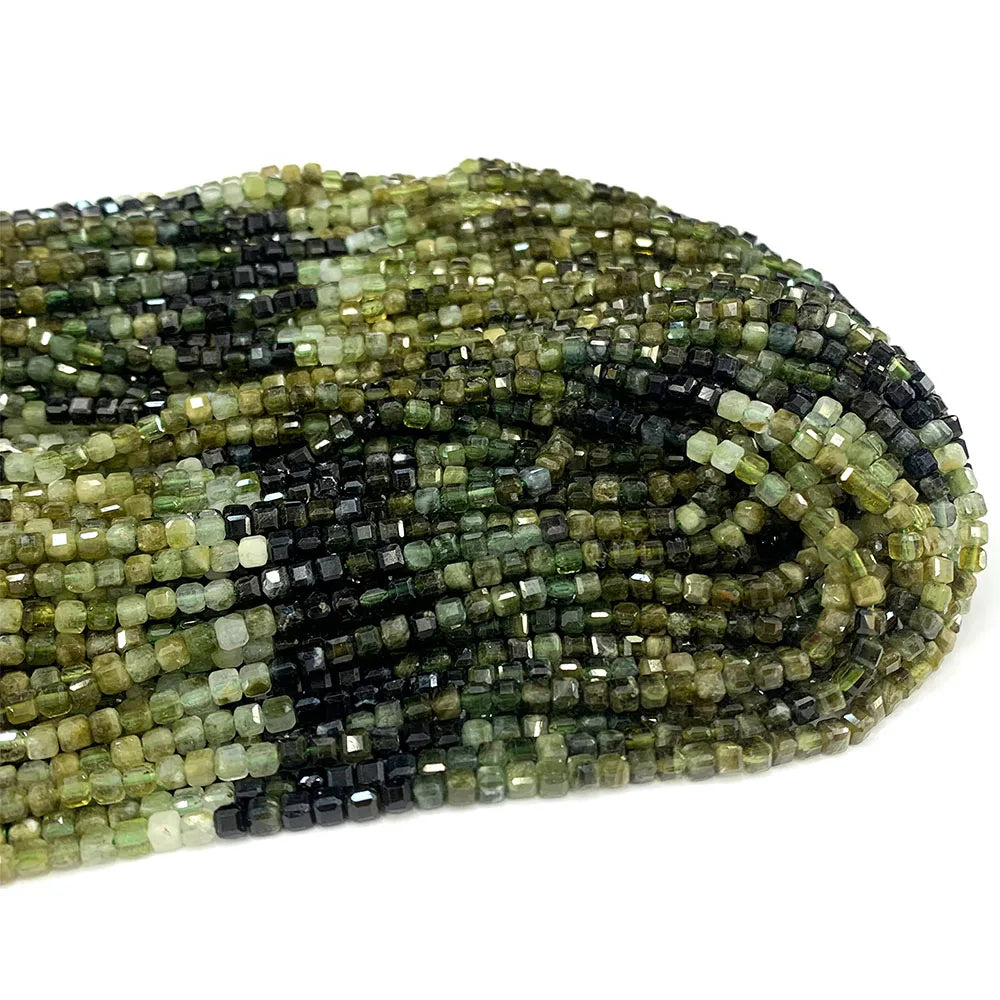 Natural Green Tourmaline Gradient Cube Faceted Small Bead Strand