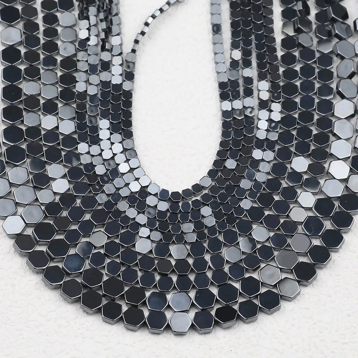 Hexagon Natural Black Hematite Bead Strand