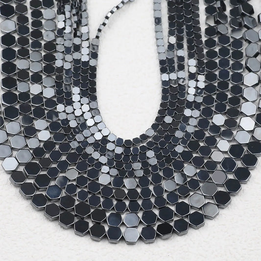 Hexagon Natural Black Hematite Bead Strand