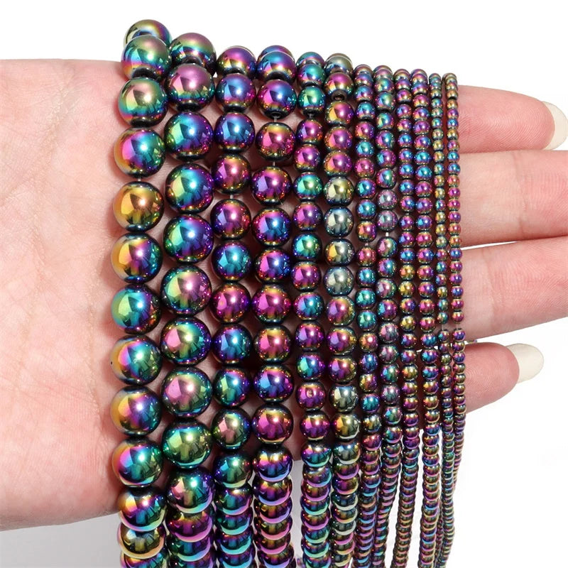 Multicolor Aura Hematite Magnetic Round Bead Strand