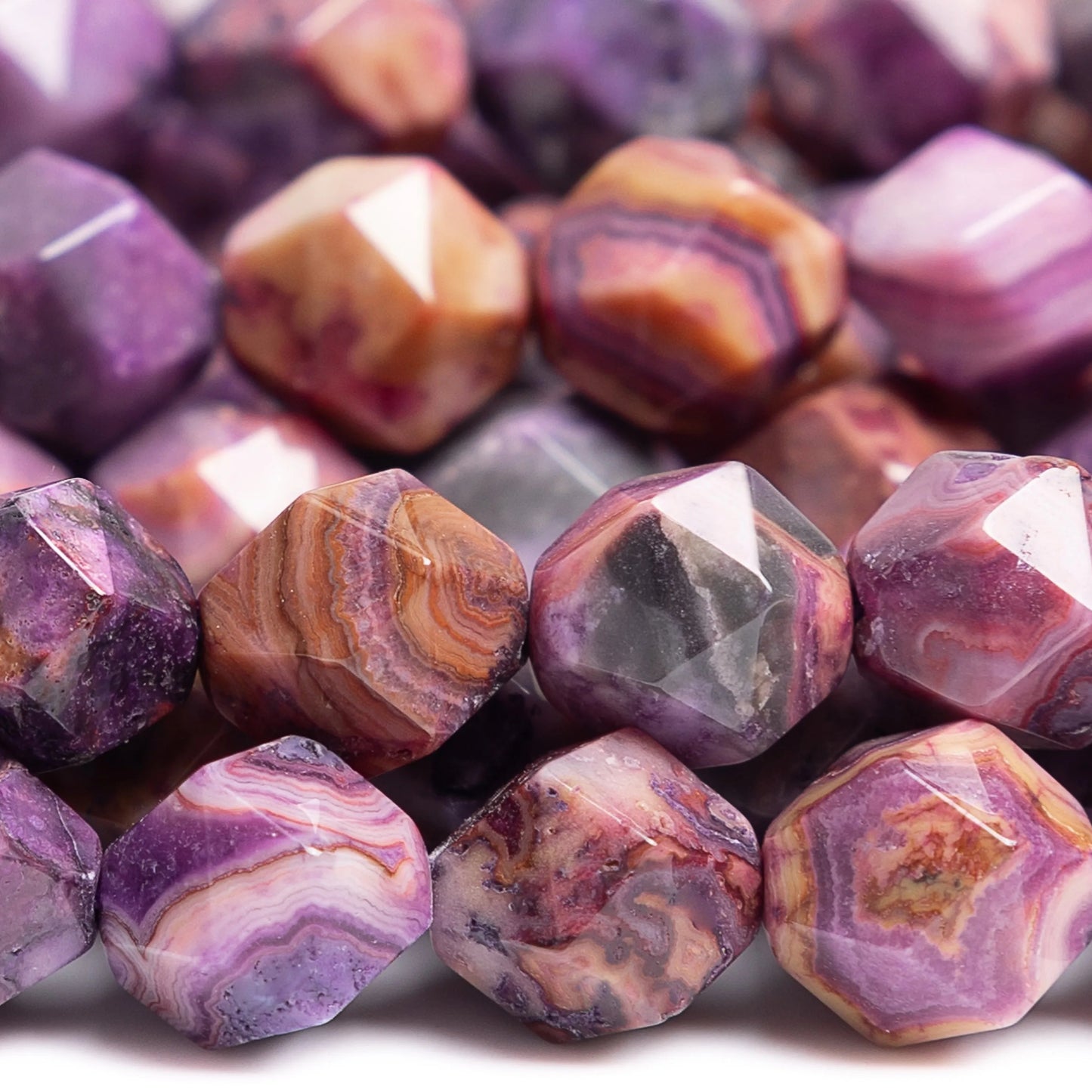 HQ Natural Faceted Purple Crazy Lace Agate Bead Strand