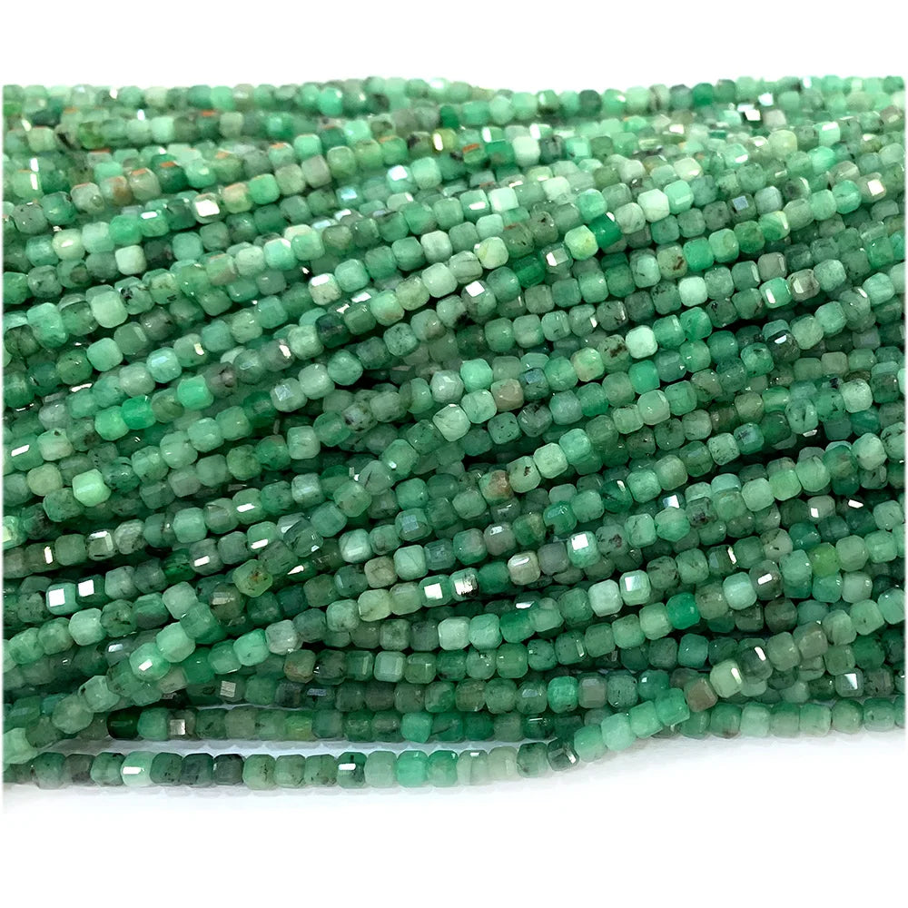 HQ Natural Faceted Emerald Cube Bead Strand