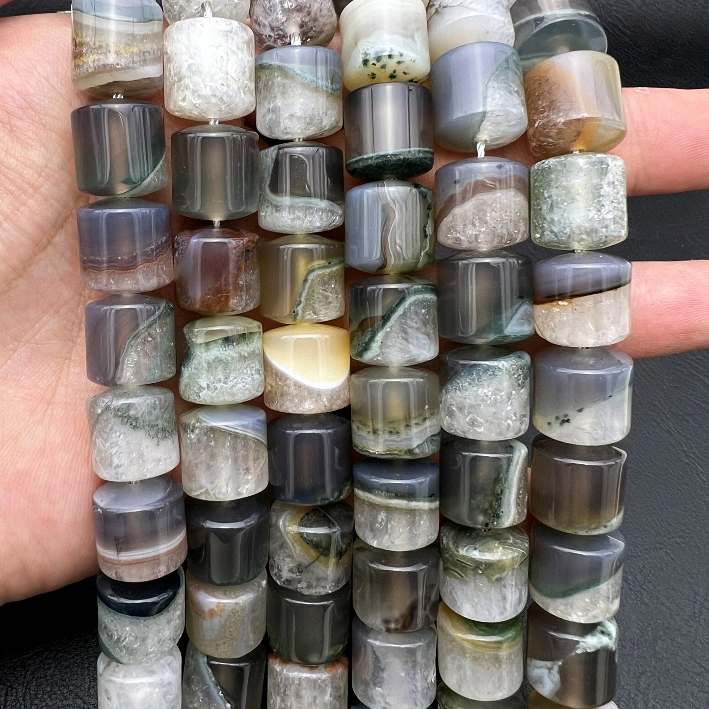 Natural Black and White Tuxedo Agate Barrel Bead Strand