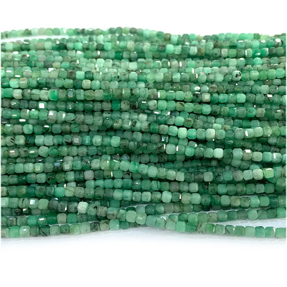 HQ Natural Faceted Emerald Cube Bead Strand