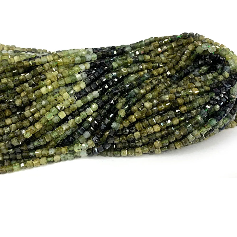 Natural Green Tourmaline Gradient Cube Faceted Small Bead Strand