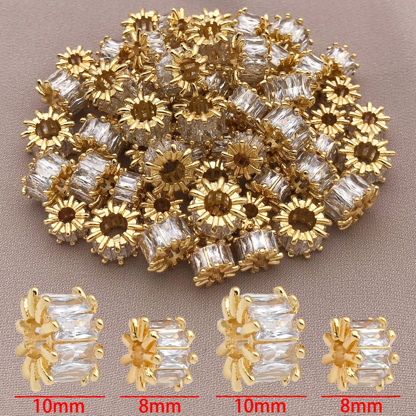 3PCE 18K Gold Plated Copper and Zirconia Focal Beads