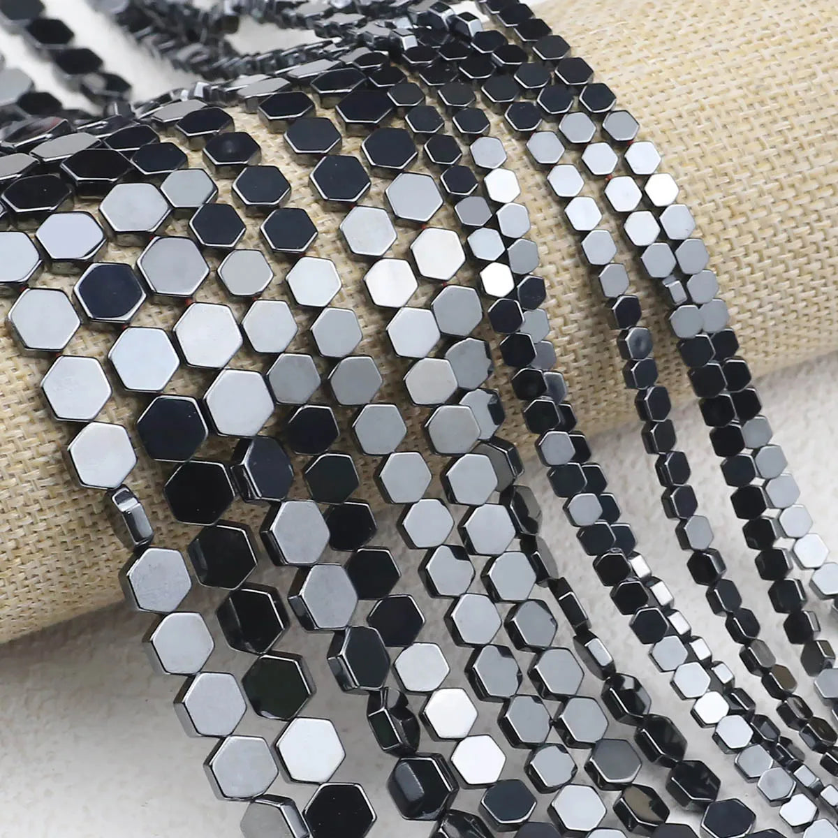 Hexagon Natural Black Hematite Bead Strand