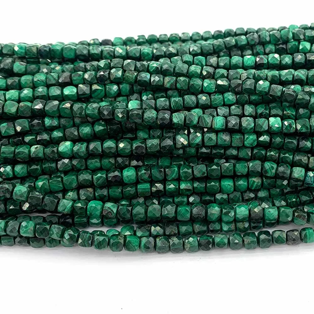 Malachite Faceted Irregular Mini-Cube Small Bead Strand