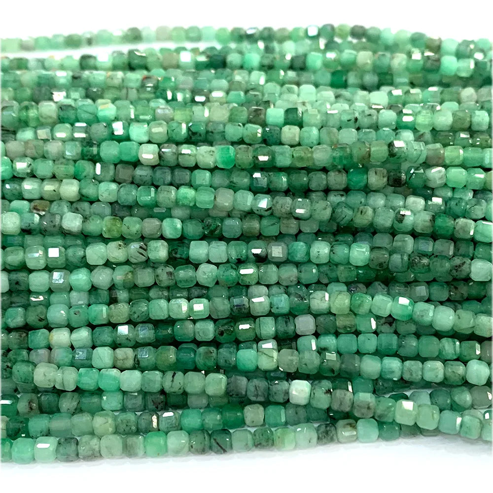 HQ Natural Faceted Emerald Cube Bead Strand