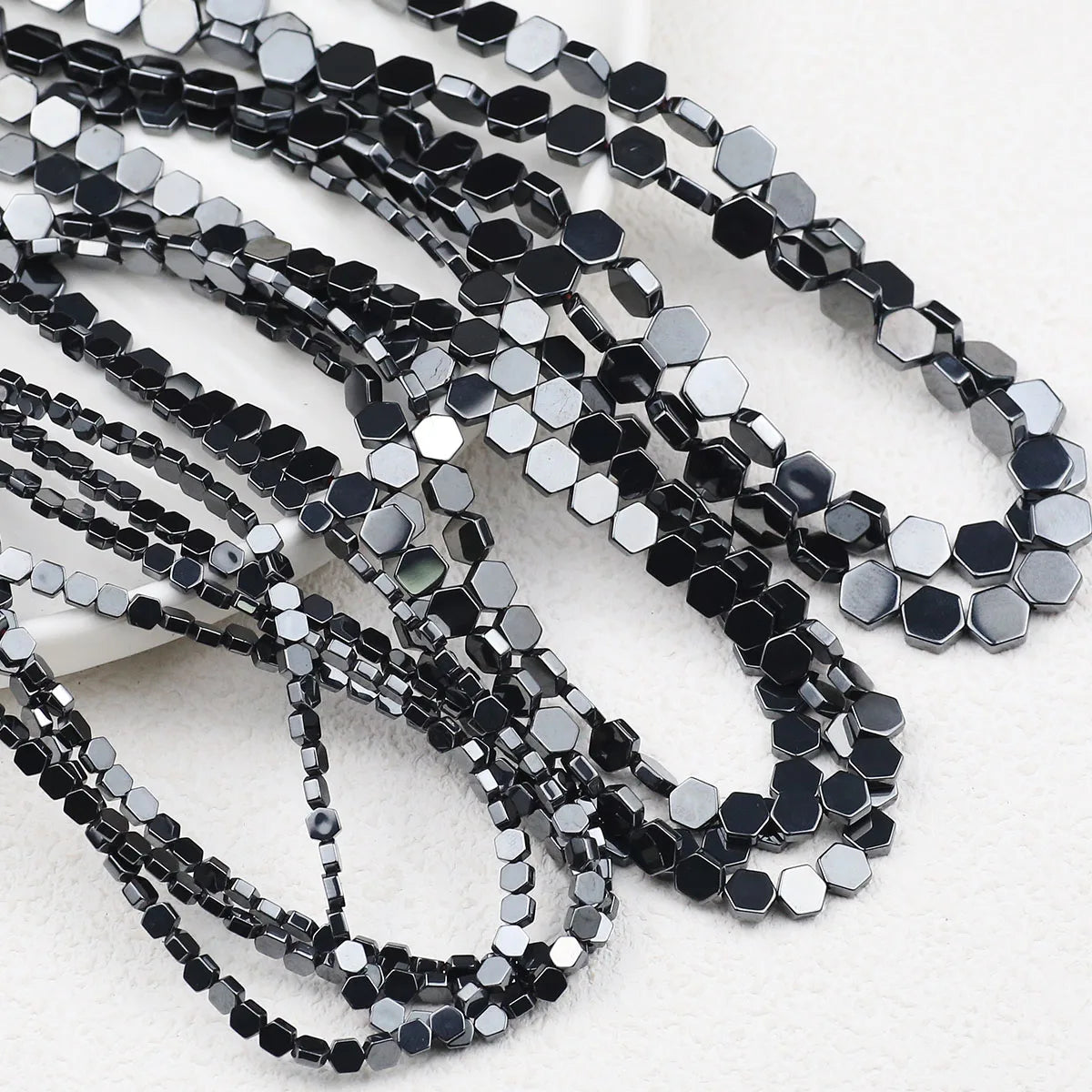 Hexagon Natural Black Hematite Bead Strand