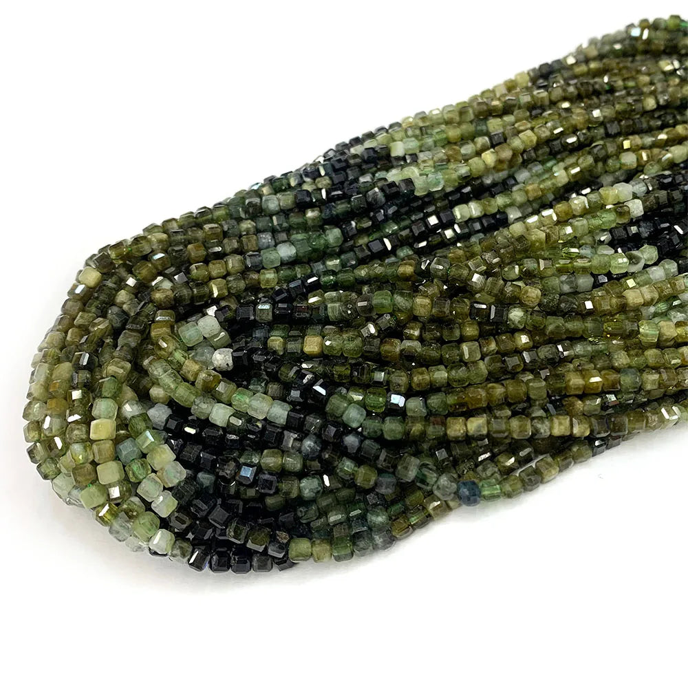 Natural Green Tourmaline Gradient Cube Faceted Small Bead Strand