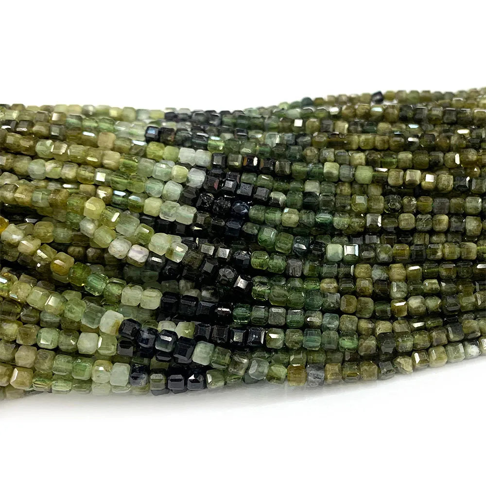 Natural Green Tourmaline Gradient Cube Faceted Small Bead Strand