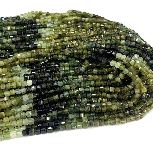 Natural Green Tourmaline Gradient Cube Faceted Small Bead Strand