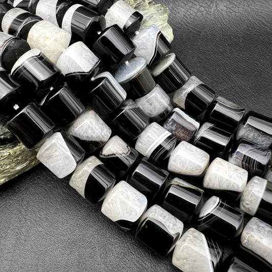 Natural Black and White Tuxedo Agate Barrel Bead Strand